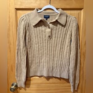 Chaps tan cable knit sweater with a collared, button-front design women’s M